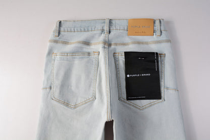 PURPLE Men Streetwear Skinny Jeans Light Gray Wash with Minimalist Style and Tag Accent 9081