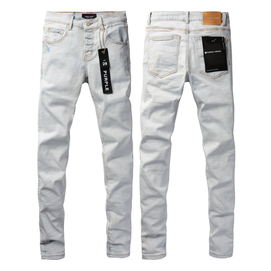PURPLE Men Streetwear Skinny Jeans Light Gray Wash with Minimalist Style and Tag Accent 9081