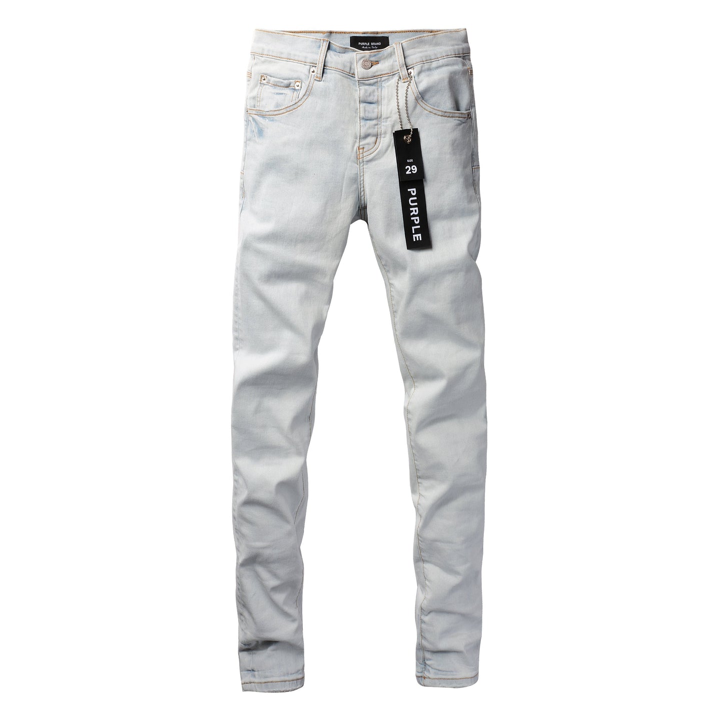 PURPLE Men Streetwear Skinny Jeans Light Gray Wash with Minimalist Style and Tag Accent 9081