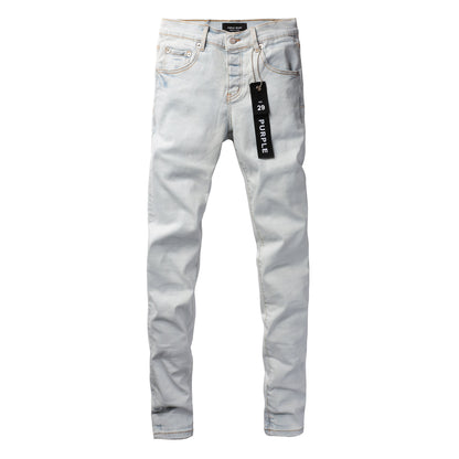 PURPLE Men Streetwear Skinny Jeans Light Gray Wash with Minimalist Style and Tag Accent 9081