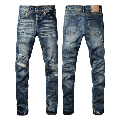 PURPLE Men Classic Streetwear Jeans Distressed Dark Blue Ripped skinny 9096